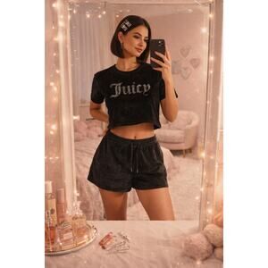 Juicy Couture Black Velour Stud Logo Pajama Short Set Sleepwear Y2k Large